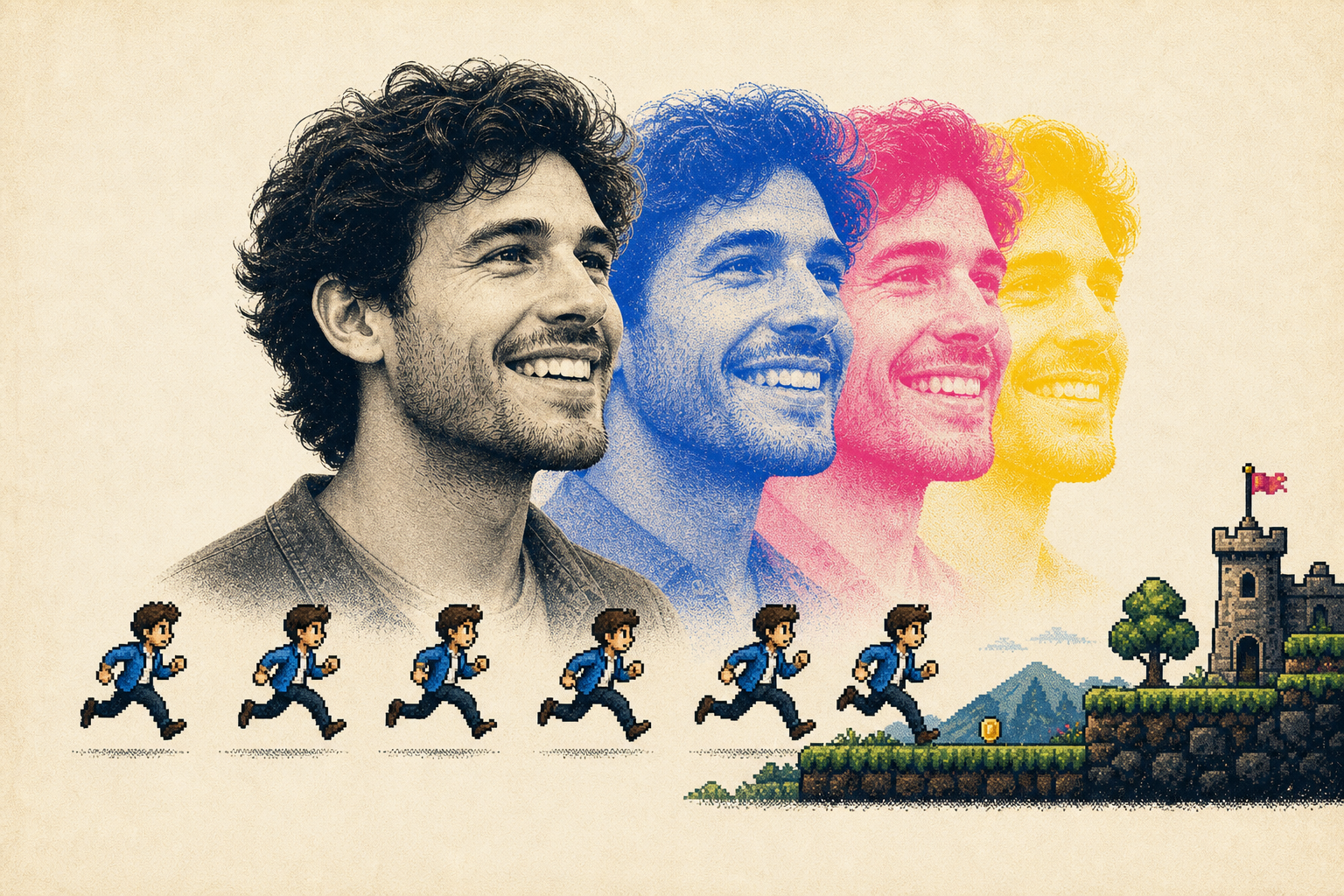 Illustrative demo of a portrait becoming color separations, a running sprite, and a 2D game character